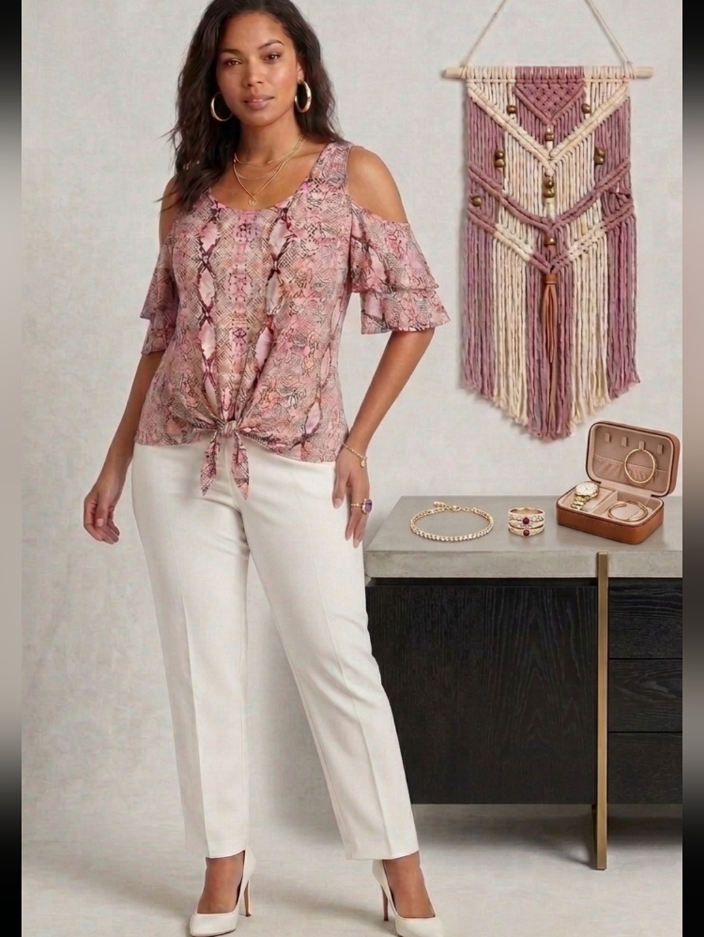 LASCANA for VENUS Pink Snakeskin Cold Shoulder Tie Front Top Large